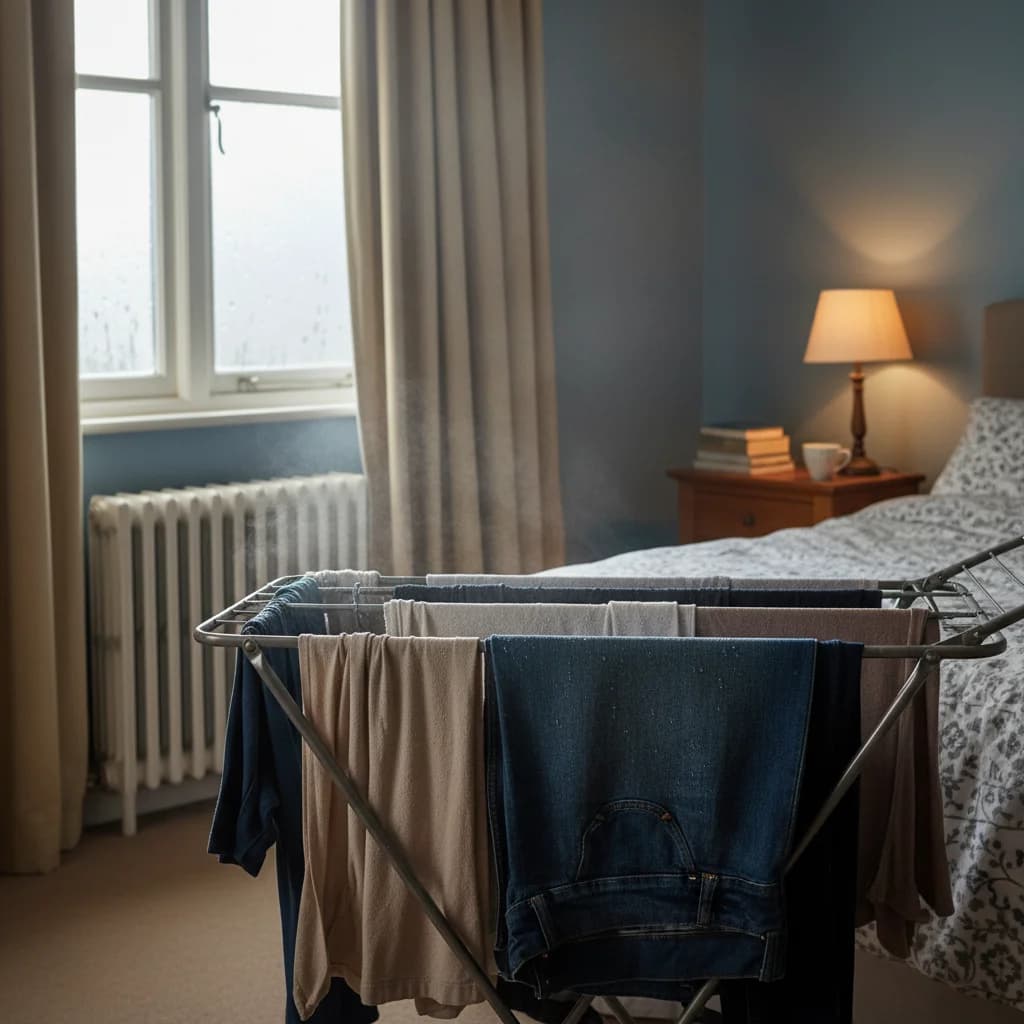 Damp clothes drying on a clothes-horse in front of a radiator in a closed bedroom, the kind of tenant behaviour that produces condensation mould the tenant may be liable for