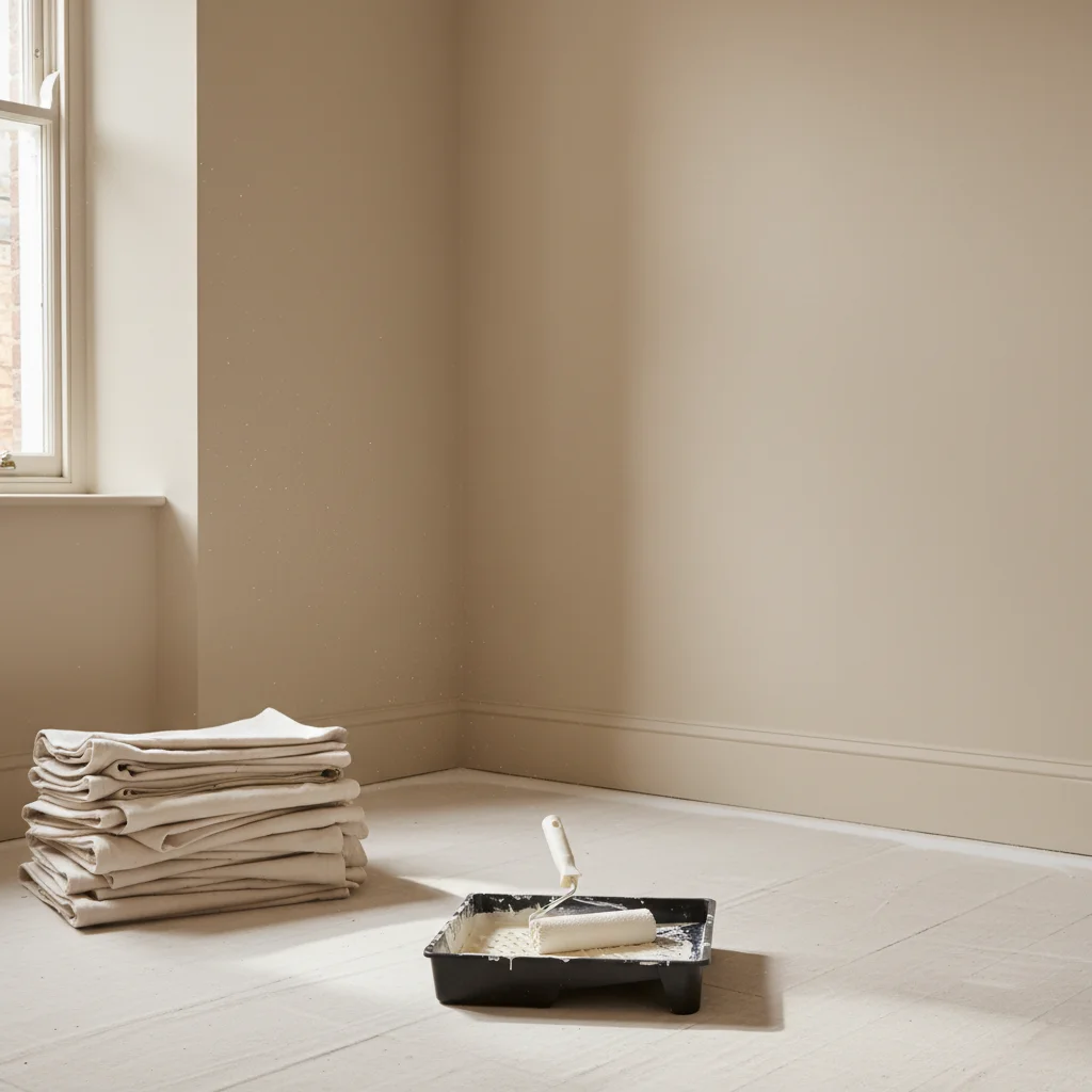 Freshly painted neutral cream UK rental living room with a paint roller on a tray and folded dust sheets in the corner, the decoration standard for between-tenancy prep