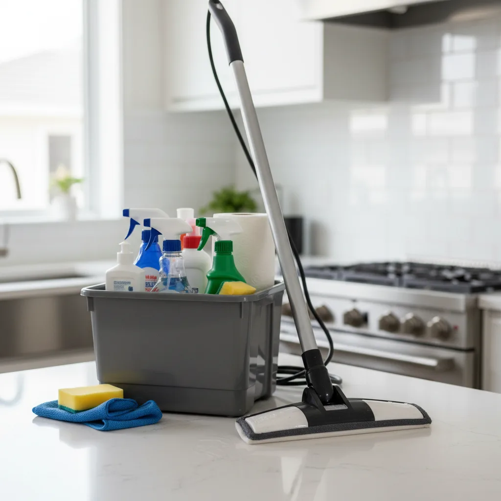 Cleaner's caddy of supplies on a freshly cleaned worktop with microfibre cloths and a steam mop, the deep-clean standard a pre-tenancy property has to hit
