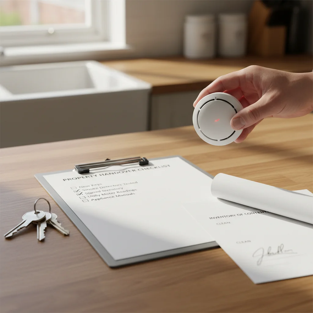 Property handover checklist on a clipboard with new keys, a tested smoke detector, and a signed inventory document, the final-check standard before keys change hands