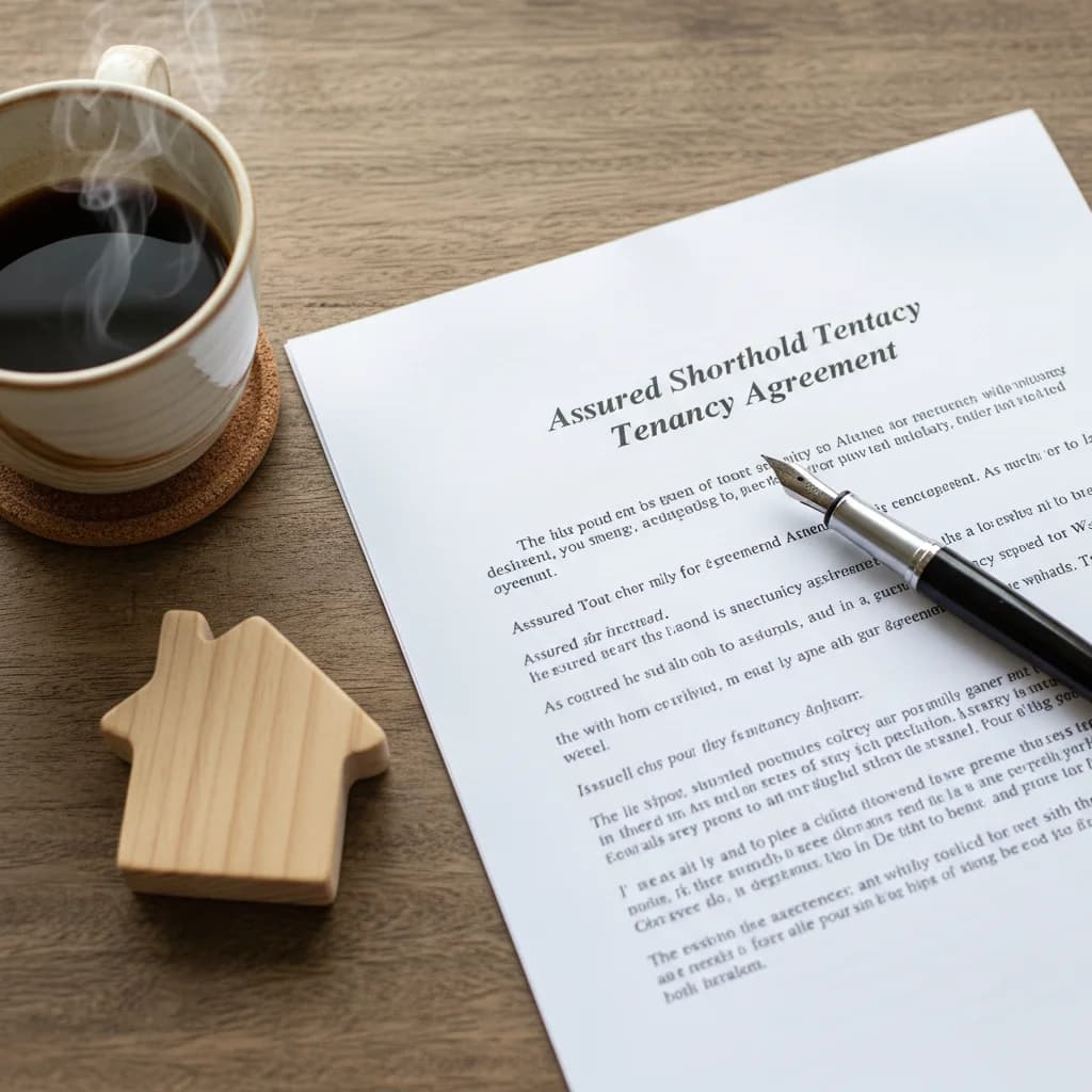 Assured Shorthold Tenancy agreement on a wooden desk with a fountain pen and a small house figurine, the formal sign-off step before the tenant moves in
