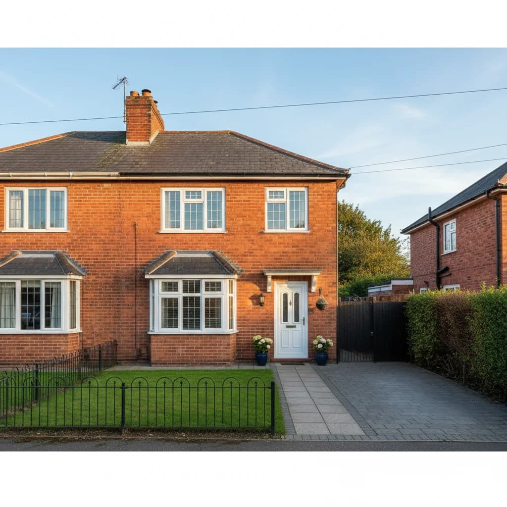 Red brick UK semi-detached family home with neat front garden and driveway, the typical single-family property a first-time landlord lets