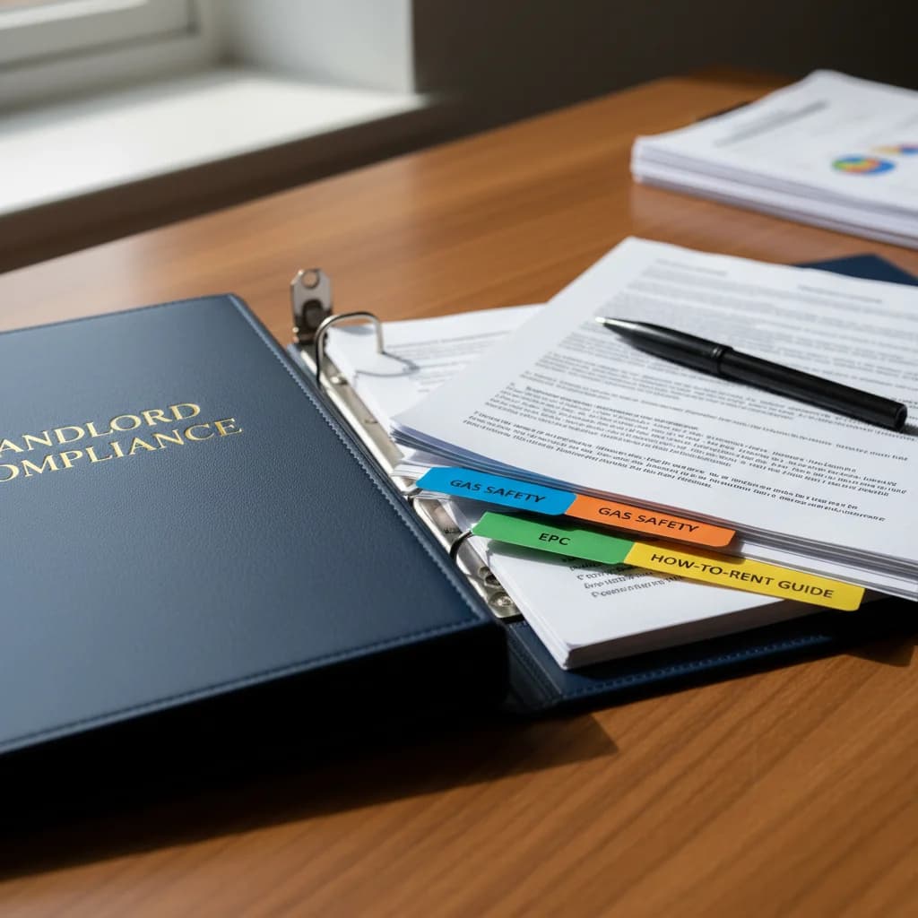 Open landlord compliance binder with tabbed sections for gas safety, EICR, EPC and How to Rent, the ongoing admin a self-managing landlord runs once the tenancy starts