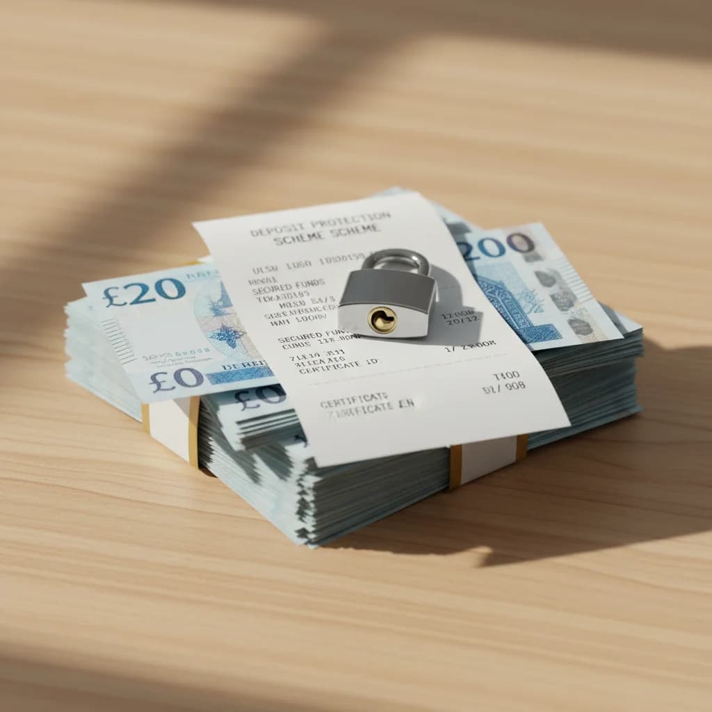 British 50-pound notes with a printed deposit protection receipt and a small padlock on a desk, the deposit and reference flow that legally precedes a tenancy