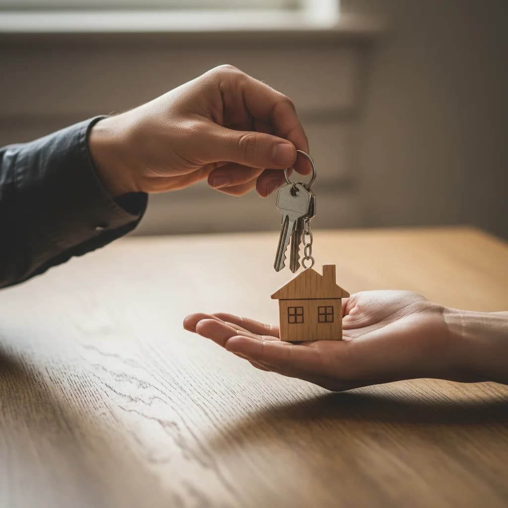 Hand passing house keys with a wooden house keyring to another hand over a desk, the moment a first-time landlord hands over to a new tenant after all the prep work is done