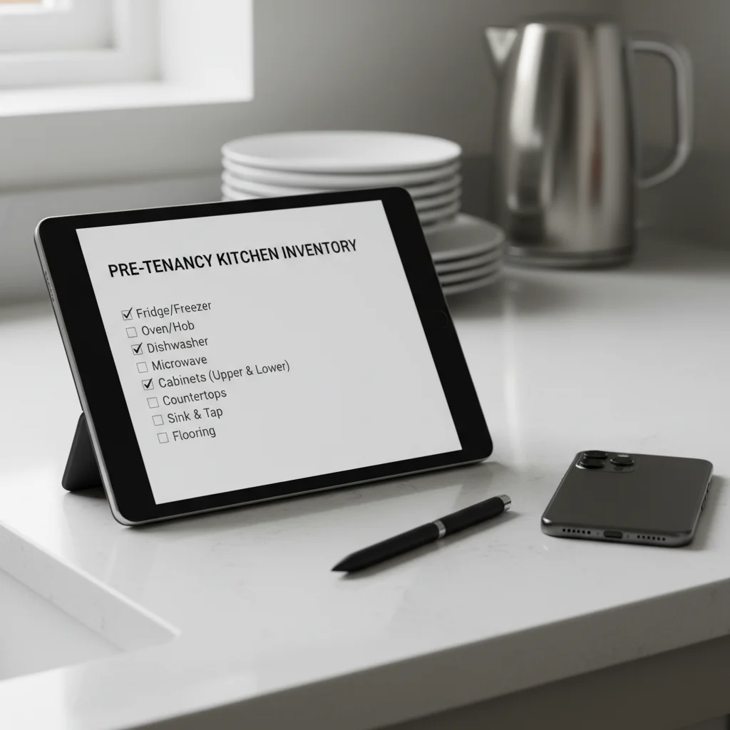 Clipboard inventory checklist with a pen and a smartphone camera on a kitchen worktop, the kind of pre-tenancy documentation a first-time landlord builds before handing over
