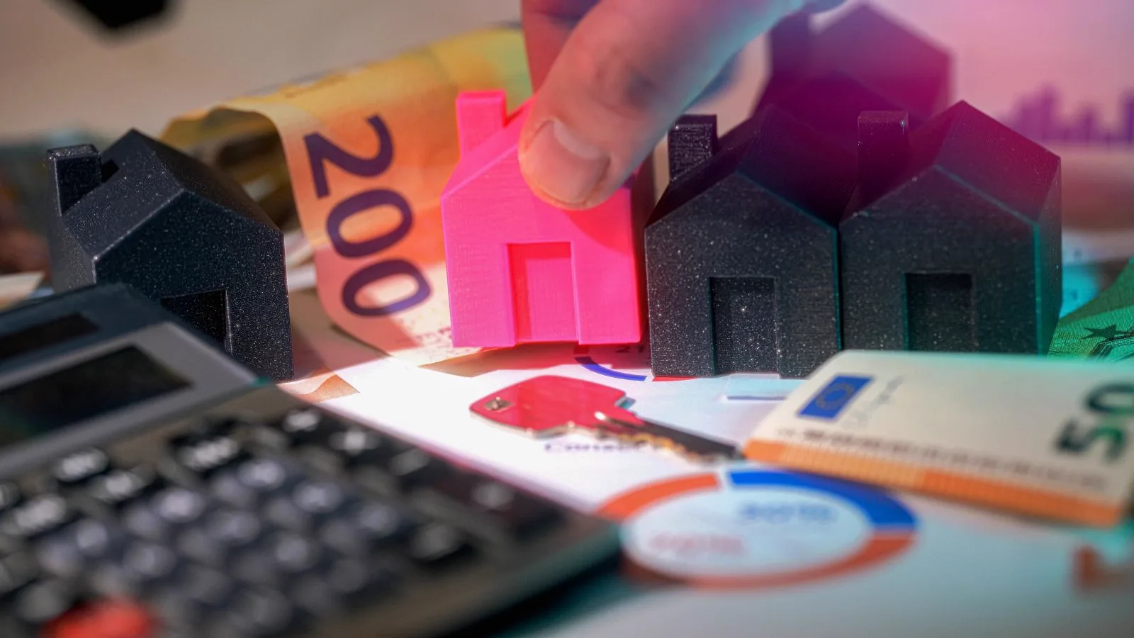 A desk with a calculator, banknotes and small model houses, representing the real annual cost of maintaining a UK rental property in 2026