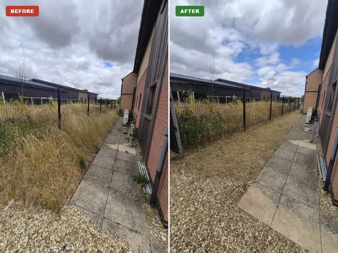Before and after: overgrown grass along a commercial building's perimeter fence, cut back and cleared
