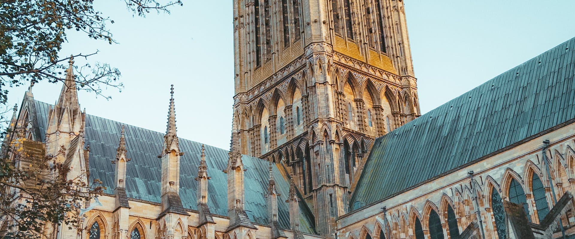 Lincoln Cathedral under a bright blue sky on a clear day