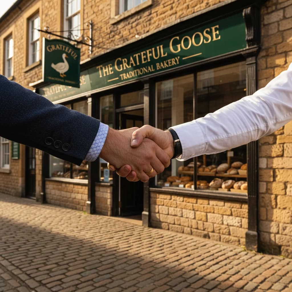Two Lincoln business owners shaking hands in front of a traditional stone-built shop-front, the local partnership relationship LWR Group's free backlink exchange is built on